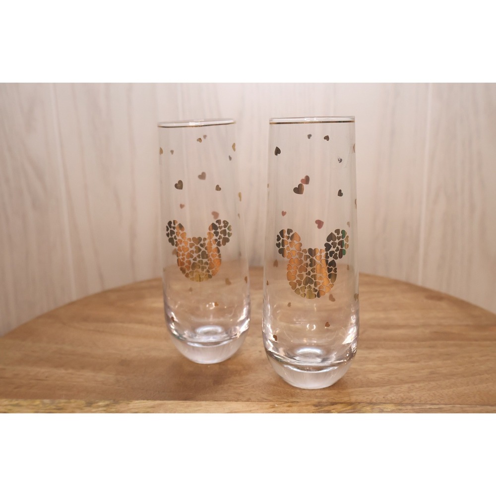 Disney Mickey Mouse Gold Heart Champagne Flute Set of 2 Stemless Glasses Clear